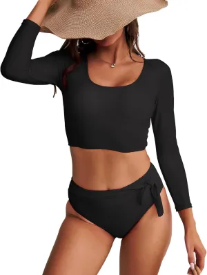 Womens Two Piece Swimsuits High Waisted Bikini Set Rash Guard Bathing Suit Long Sleeve Swimwear Crop Top Teen Girls