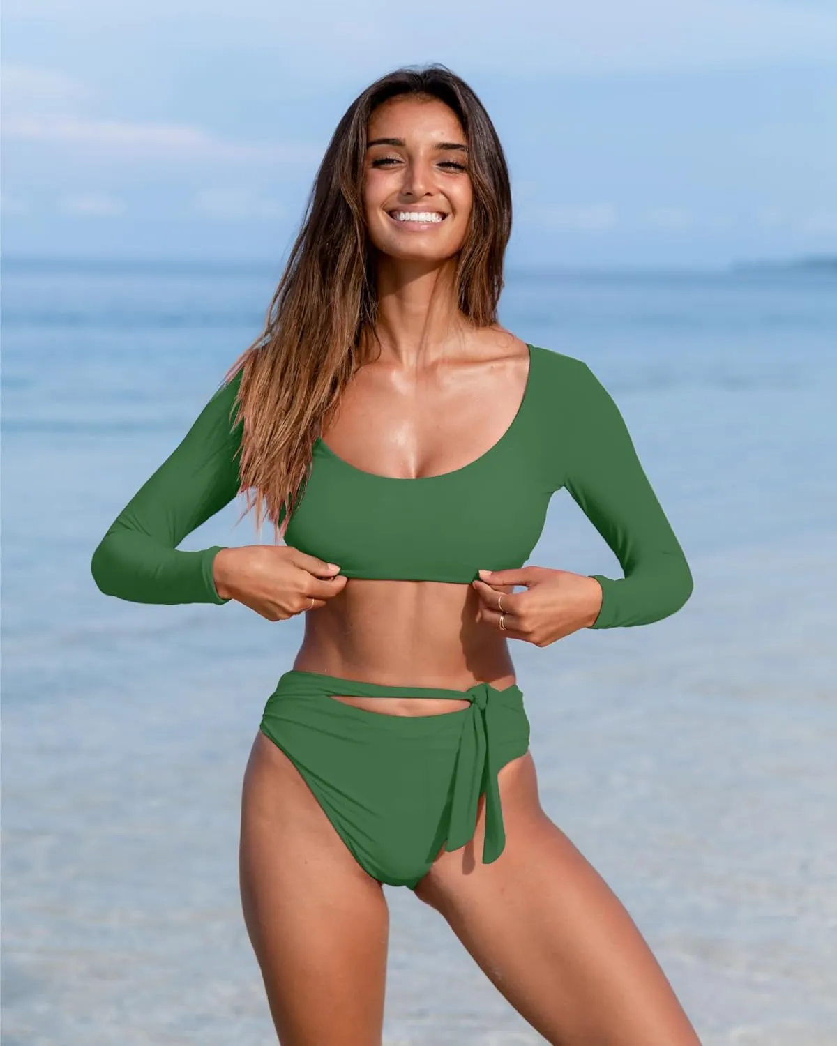 Womens Two Piece Swimsuits High Waisted Bikini Set Rash Guard Bathing Suit Long Sleeve Swimwear Crop Top Teen Girls