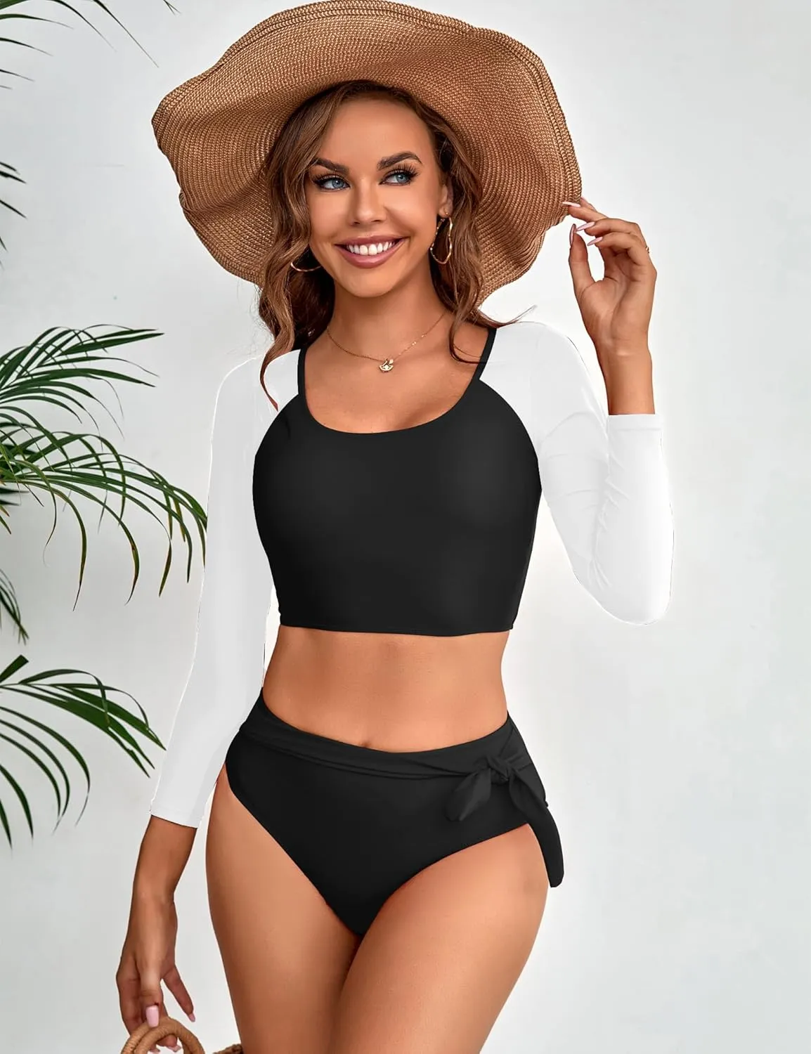 Womens Two Piece Swimsuits High Waisted Bikini Set Rash Guard Bathing Suit Long Sleeve Swimwear Crop Top Teen Girls
