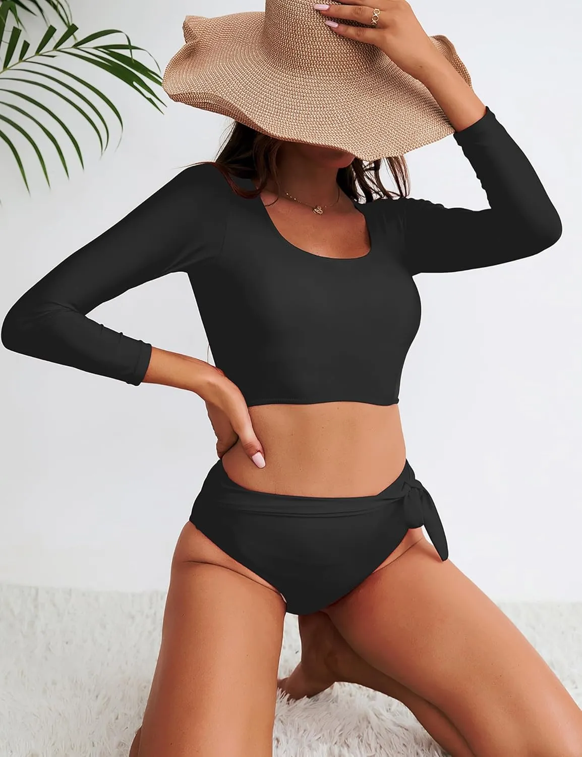 Womens Two Piece Swimsuits High Waisted Bikini Set Rash Guard Bathing Suit Long Sleeve Swimwear Crop Top Teen Girls