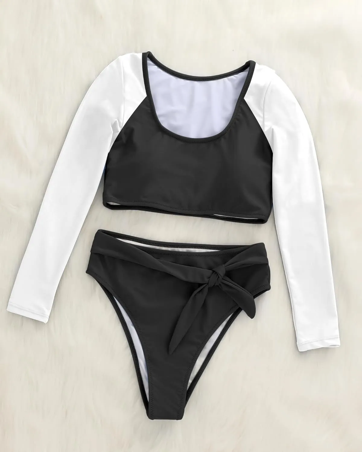 Womens Two Piece Swimsuits High Waisted Bikini Set Rash Guard Bathing Suit Long Sleeve Swimwear Crop Top Teen Girls