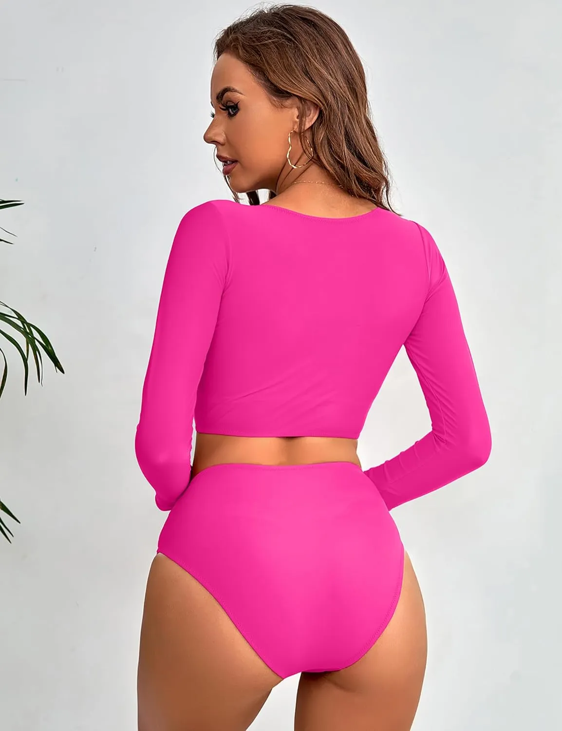 Womens Two Piece Swimsuits High Waisted Bikini Set Rash Guard Bathing Suit Long Sleeve Swimwear Crop Top Teen Girls