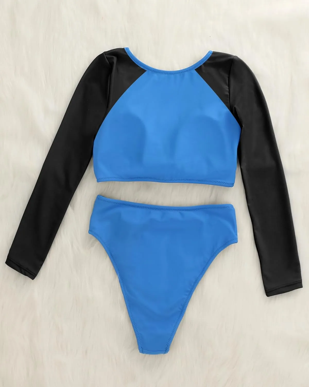 Womens Two Piece Swimsuits High Waisted Bikini Set Rash Guard Bathing Suit Long Sleeve Swimwear Crop Top Teen Girls