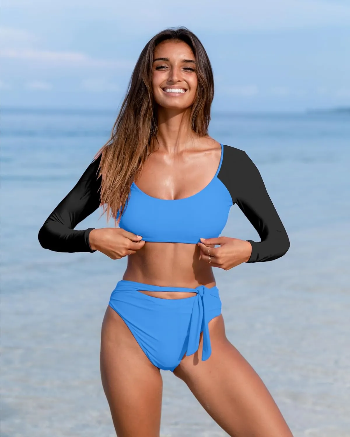 Womens Two Piece Swimsuits High Waisted Bikini Set Rash Guard Bathing Suit Long Sleeve Swimwear Crop Top Teen Girls