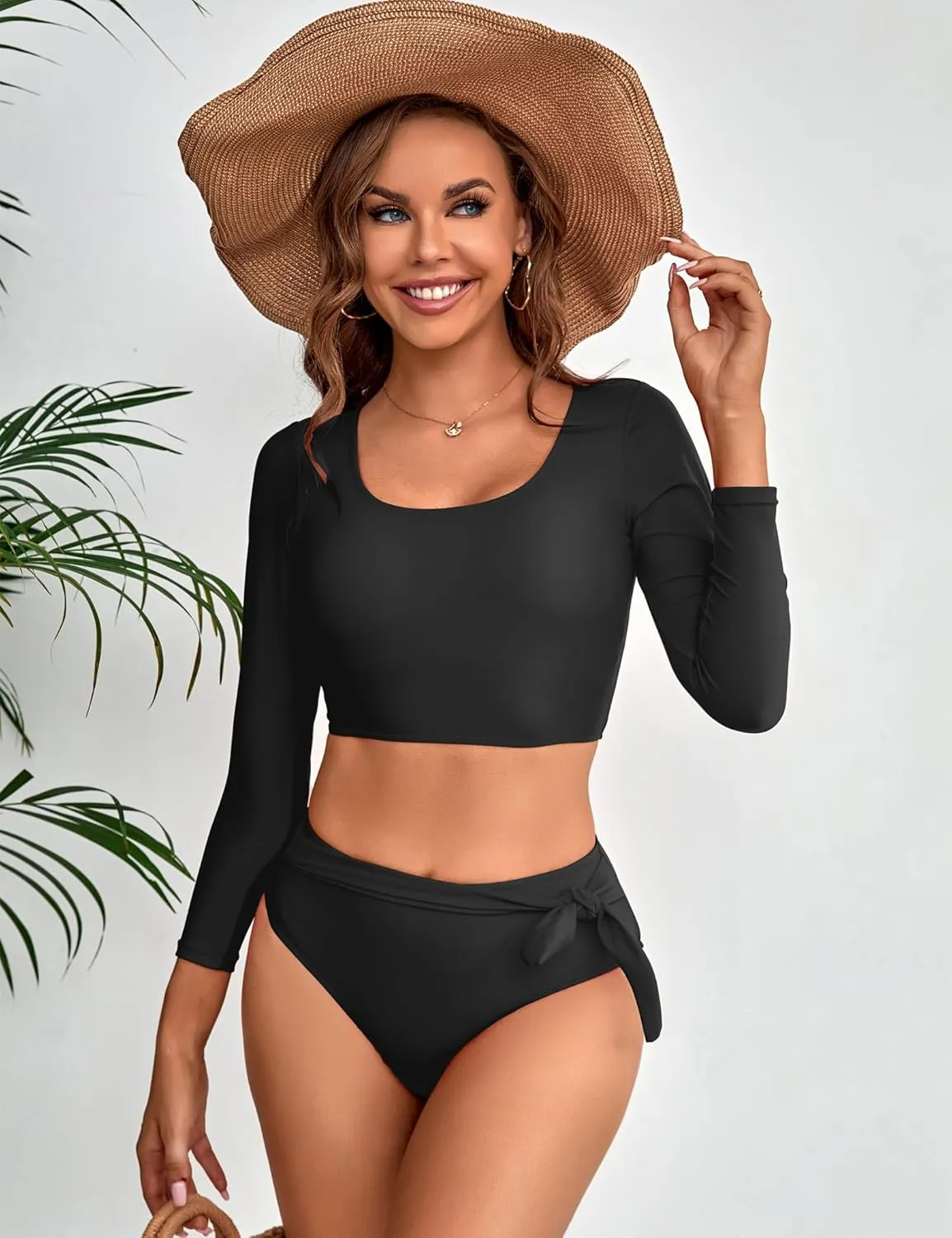 Womens Two Piece Swimsuits High Waisted Bikini Set Rash Guard Bathing Suit Long Sleeve Swimwear Crop Top Teen Girls
