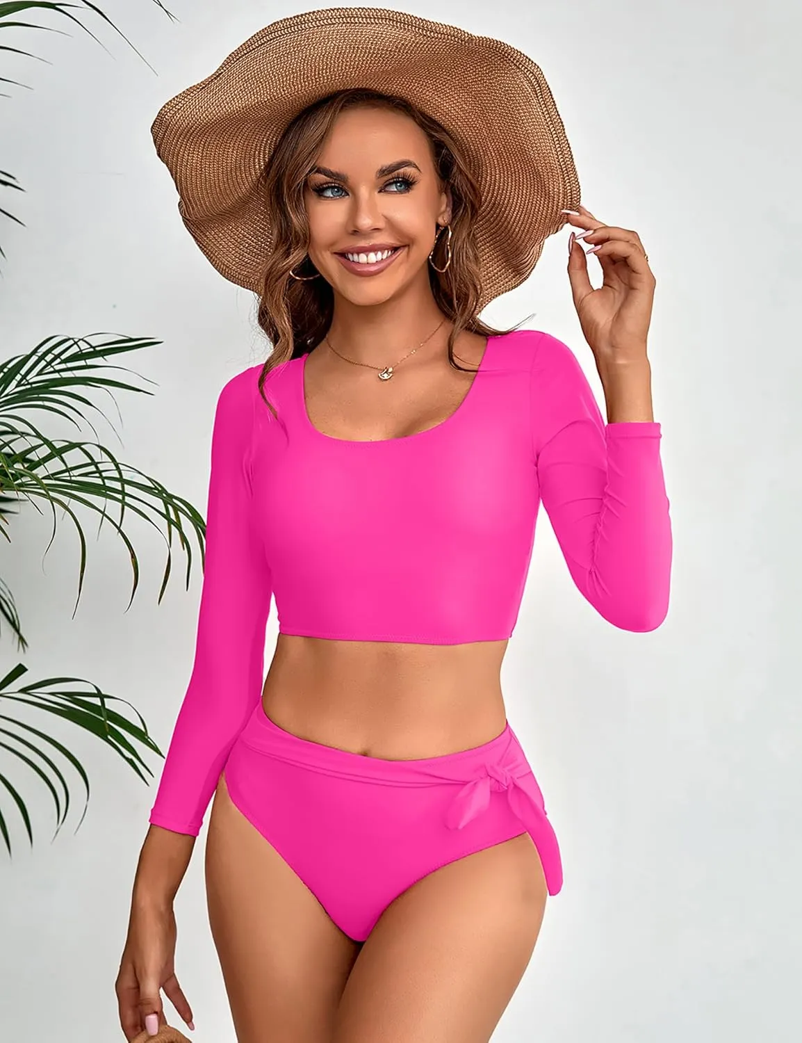 Womens Two Piece Swimsuits High Waisted Bikini Set Rash Guard Bathing Suit Long Sleeve Swimwear Crop Top Teen Girls