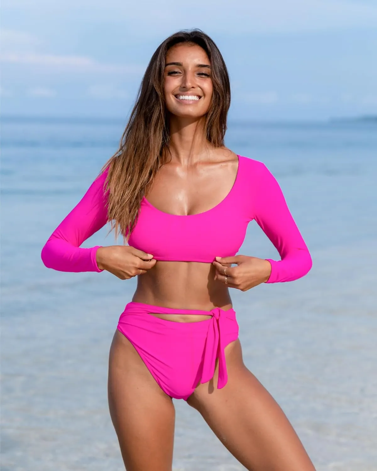 Womens Two Piece Swimsuits High Waisted Bikini Set Rash Guard Bathing Suit Long Sleeve Swimwear Crop Top Teen Girls