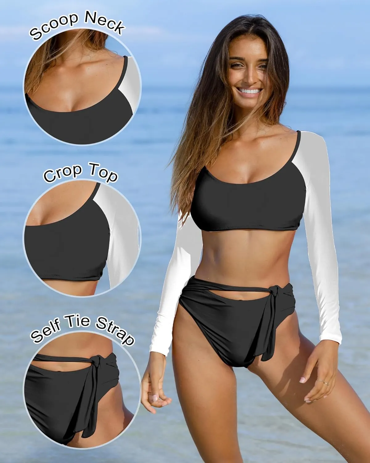 Womens Two Piece Swimsuits High Waisted Bikini Set Rash Guard Bathing Suit Long Sleeve Swimwear Crop Top Teen Girls