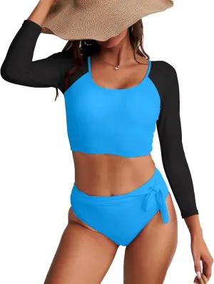 Womens Two Piece Swimsuits High Waisted Bikini Set Rash Guard Bathing Suit Long Sleeve Swimwear Crop Top Teen Girls