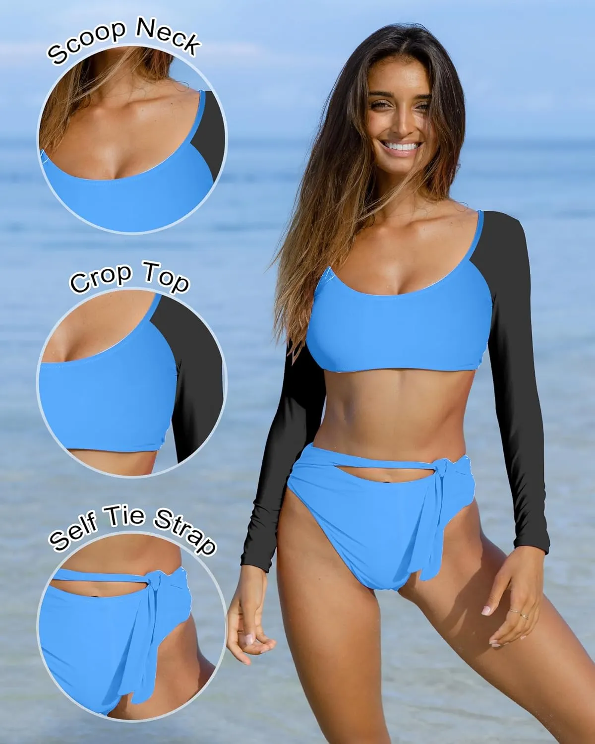 Womens Two Piece Swimsuits High Waisted Bikini Set Rash Guard Bathing Suit Long Sleeve Swimwear Crop Top Teen Girls