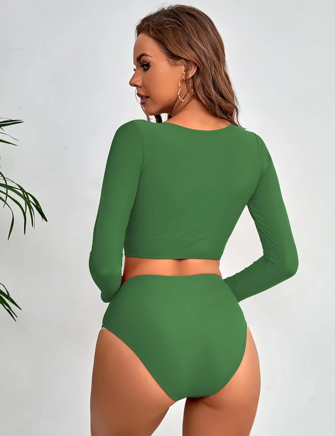 Womens Two Piece Swimsuits High Waisted Bikini Set Rash Guard Bathing Suit Long Sleeve Swimwear Crop Top Teen Girls