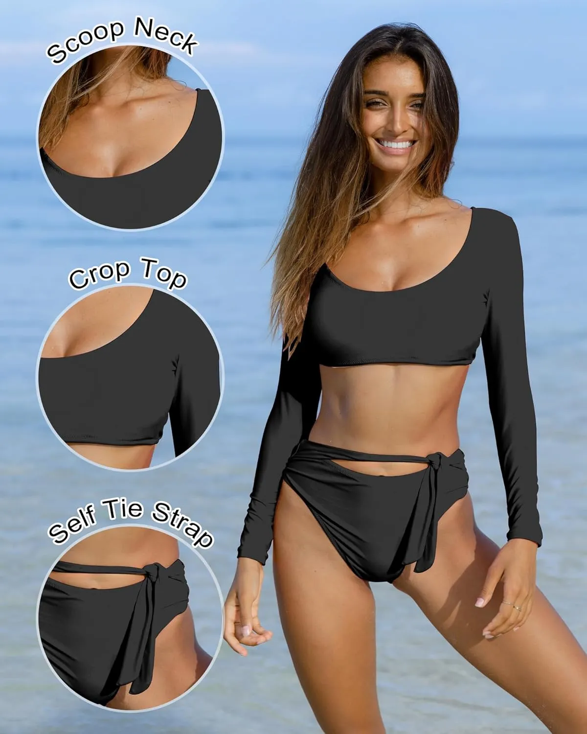 Womens Two Piece Swimsuits High Waisted Bikini Set Rash Guard Bathing Suit Long Sleeve Swimwear Crop Top Teen Girls