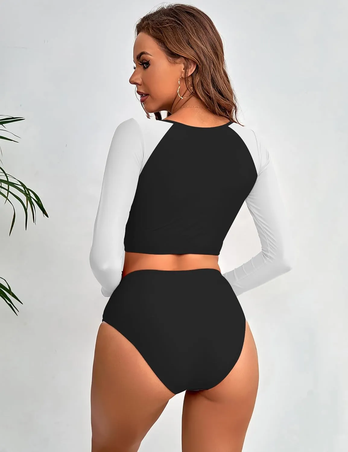 Womens Two Piece Swimsuits High Waisted Bikini Set Rash Guard Bathing Suit Long Sleeve Swimwear Crop Top Teen Girls