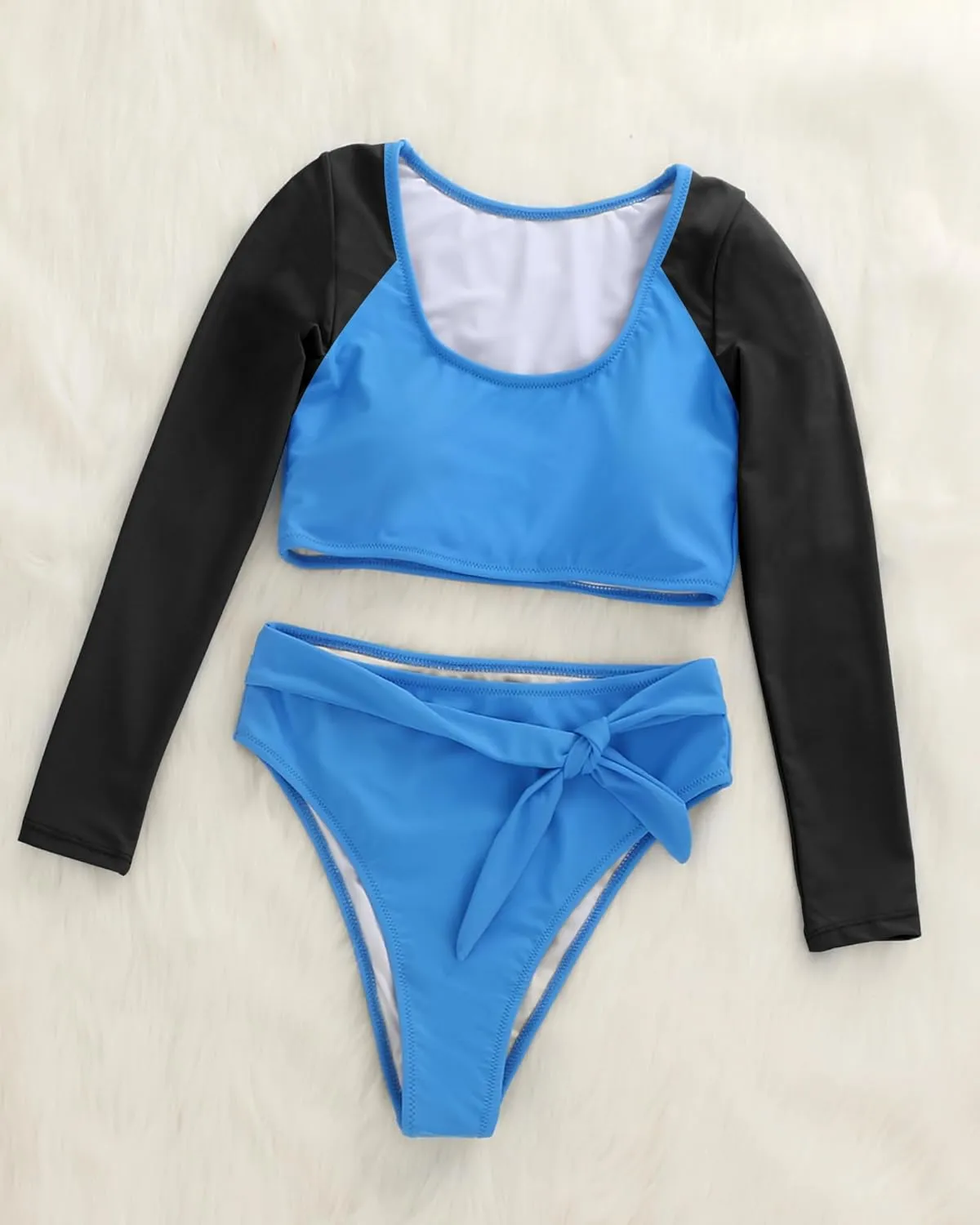 Womens Two Piece Swimsuits High Waisted Bikini Set Rash Guard Bathing Suit Long Sleeve Swimwear Crop Top Teen Girls