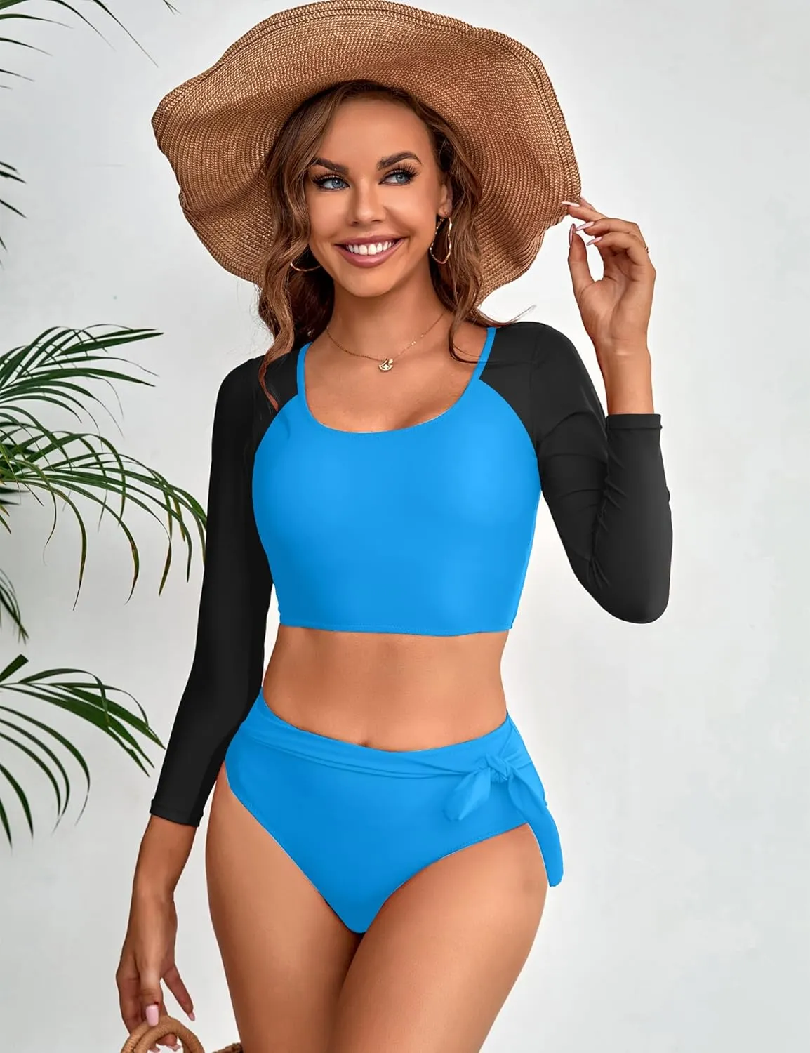 Womens Two Piece Swimsuits High Waisted Bikini Set Rash Guard Bathing Suit Long Sleeve Swimwear Crop Top Teen Girls