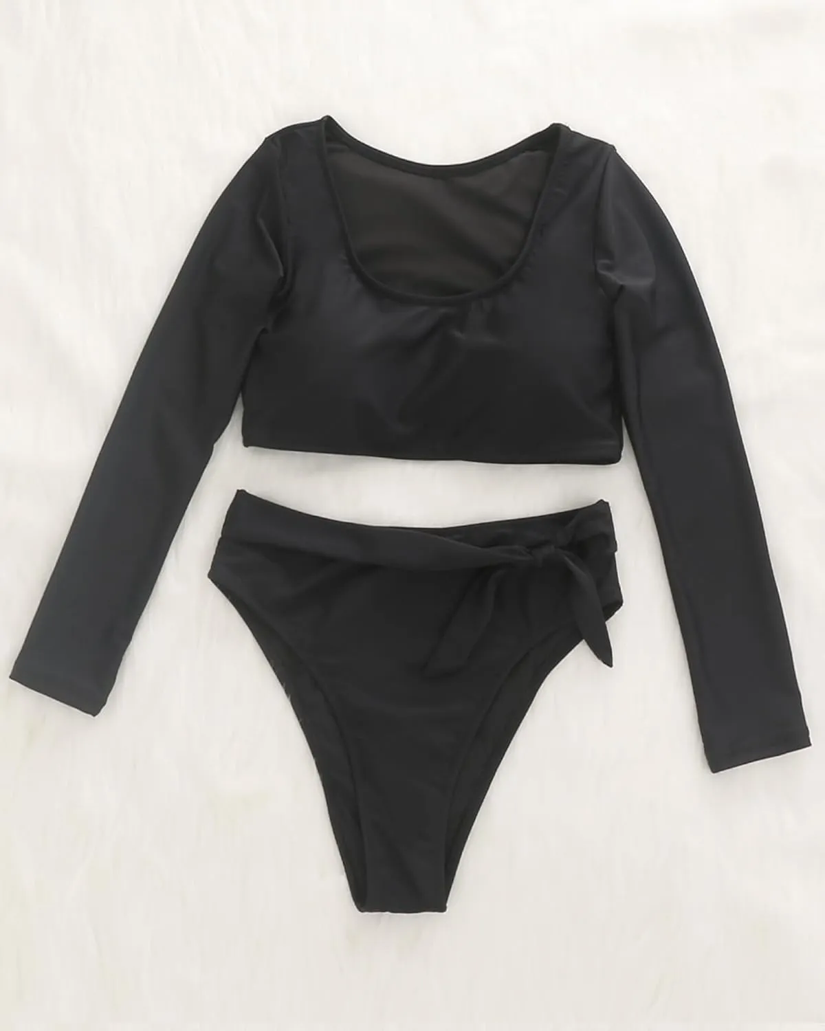 Womens Two Piece Swimsuits High Waisted Bikini Set Rash Guard Bathing Suit Long Sleeve Swimwear Crop Top Teen Girls
