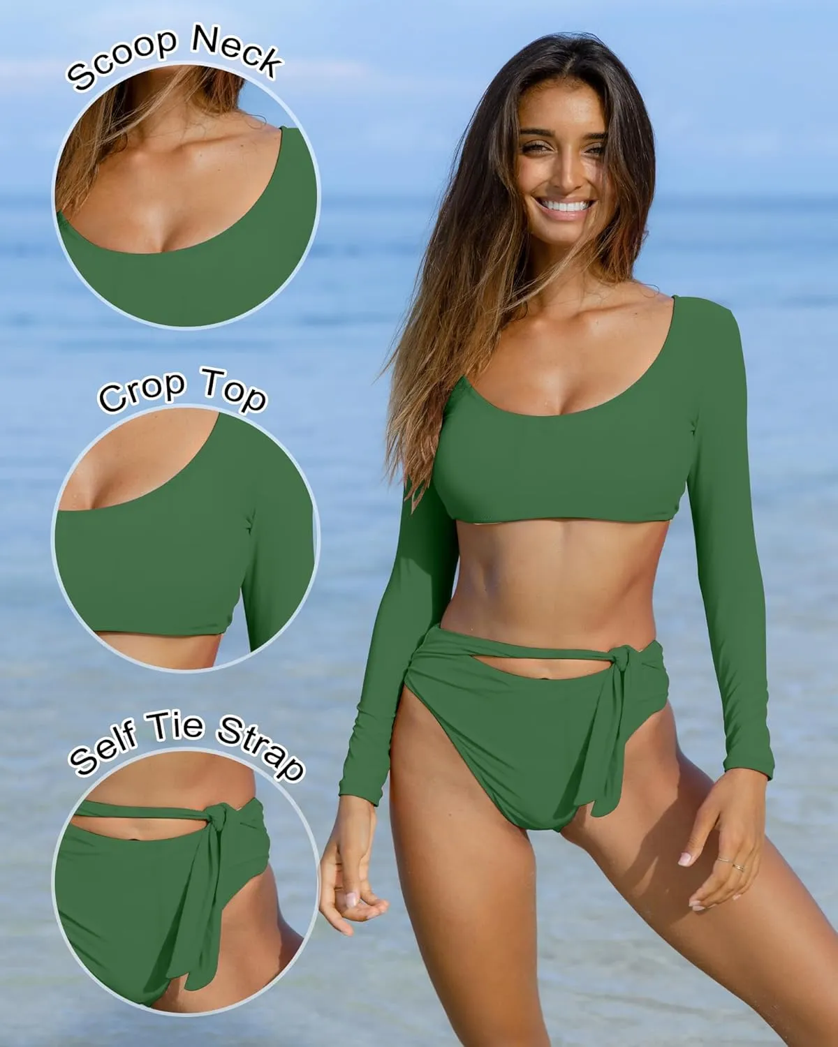 Womens Two Piece Swimsuits High Waisted Bikini Set Rash Guard Bathing Suit Long Sleeve Swimwear Crop Top Teen Girls