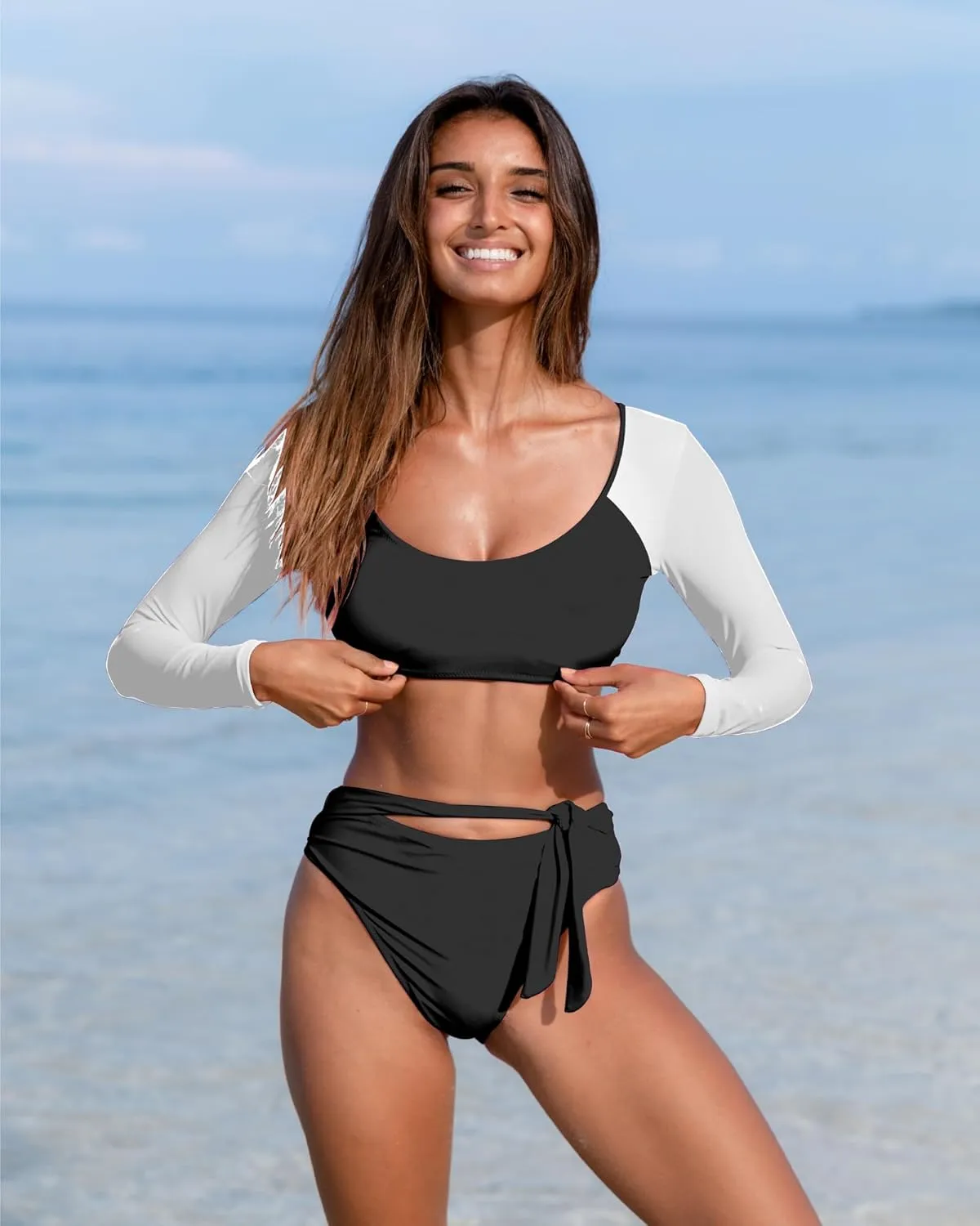 Womens Two Piece Swimsuits High Waisted Bikini Set Rash Guard Bathing Suit Long Sleeve Swimwear Crop Top Teen Girls