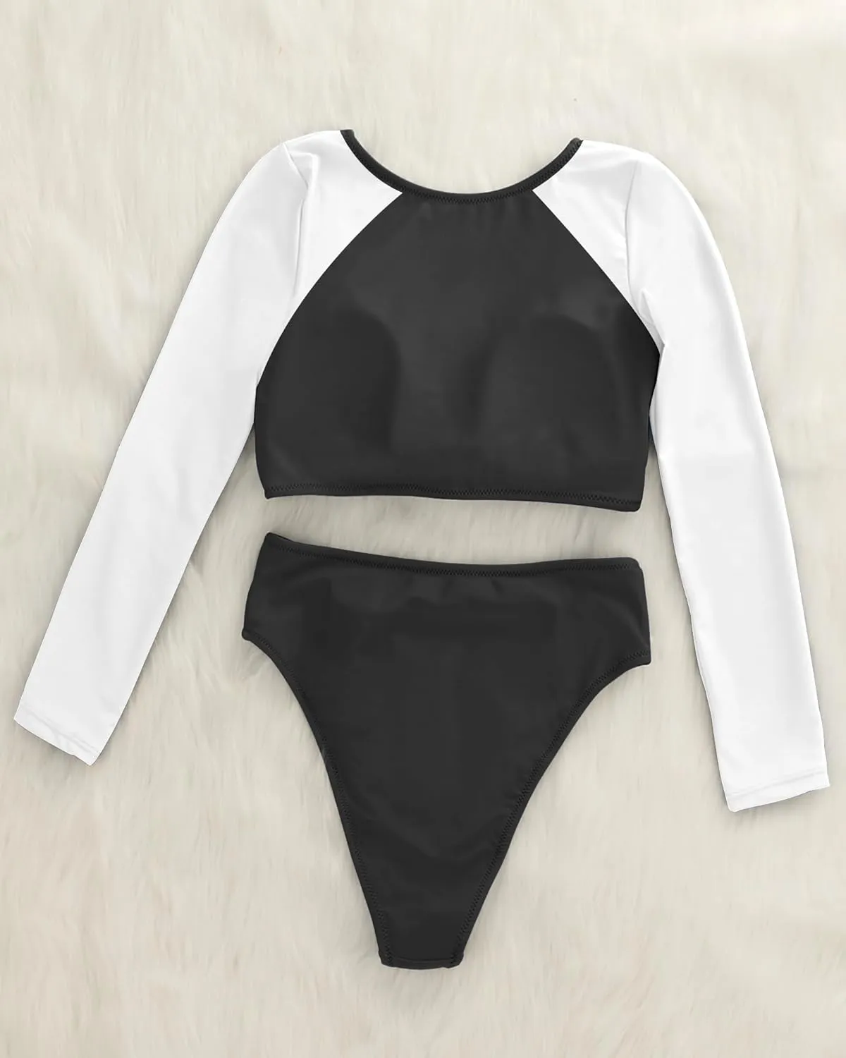 Womens Two Piece Swimsuits High Waisted Bikini Set Rash Guard Bathing Suit Long Sleeve Swimwear Crop Top Teen Girls