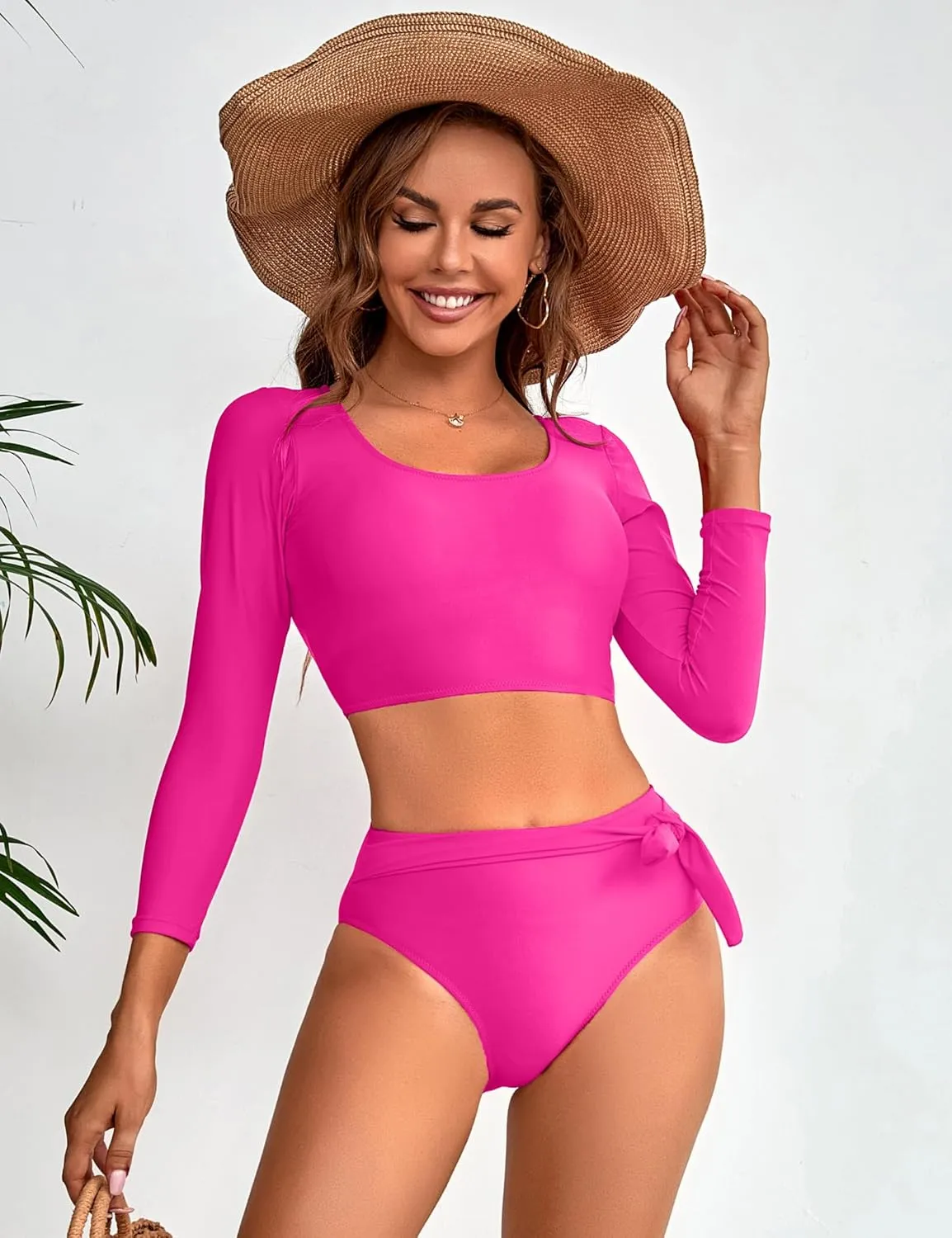 Womens Two Piece Swimsuits High Waisted Bikini Set Rash Guard Bathing Suit Long Sleeve Swimwear Crop Top Teen Girls