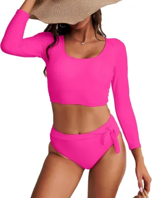 Womens Two Piece Swimsuits High Waisted Bikini Set Rash Guard Bathing Suit Long Sleeve Swimwear Crop Top Teen Girls