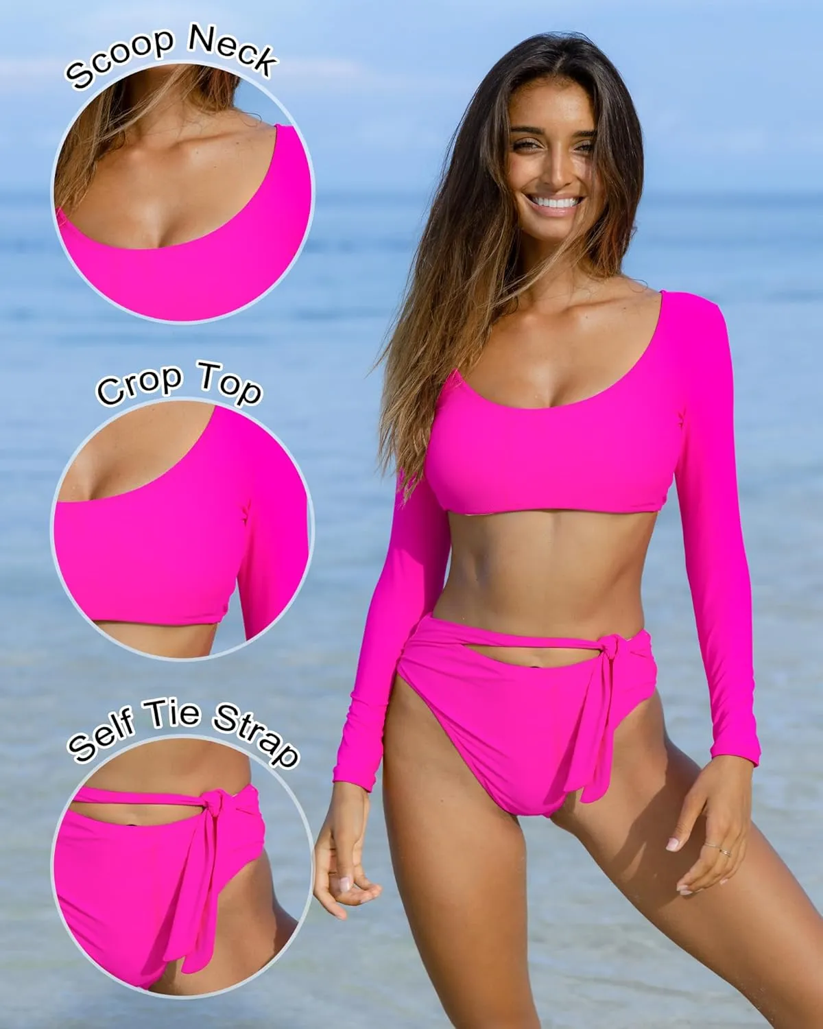 Womens Two Piece Swimsuits High Waisted Bikini Set Rash Guard Bathing Suit Long Sleeve Swimwear Crop Top Teen Girls