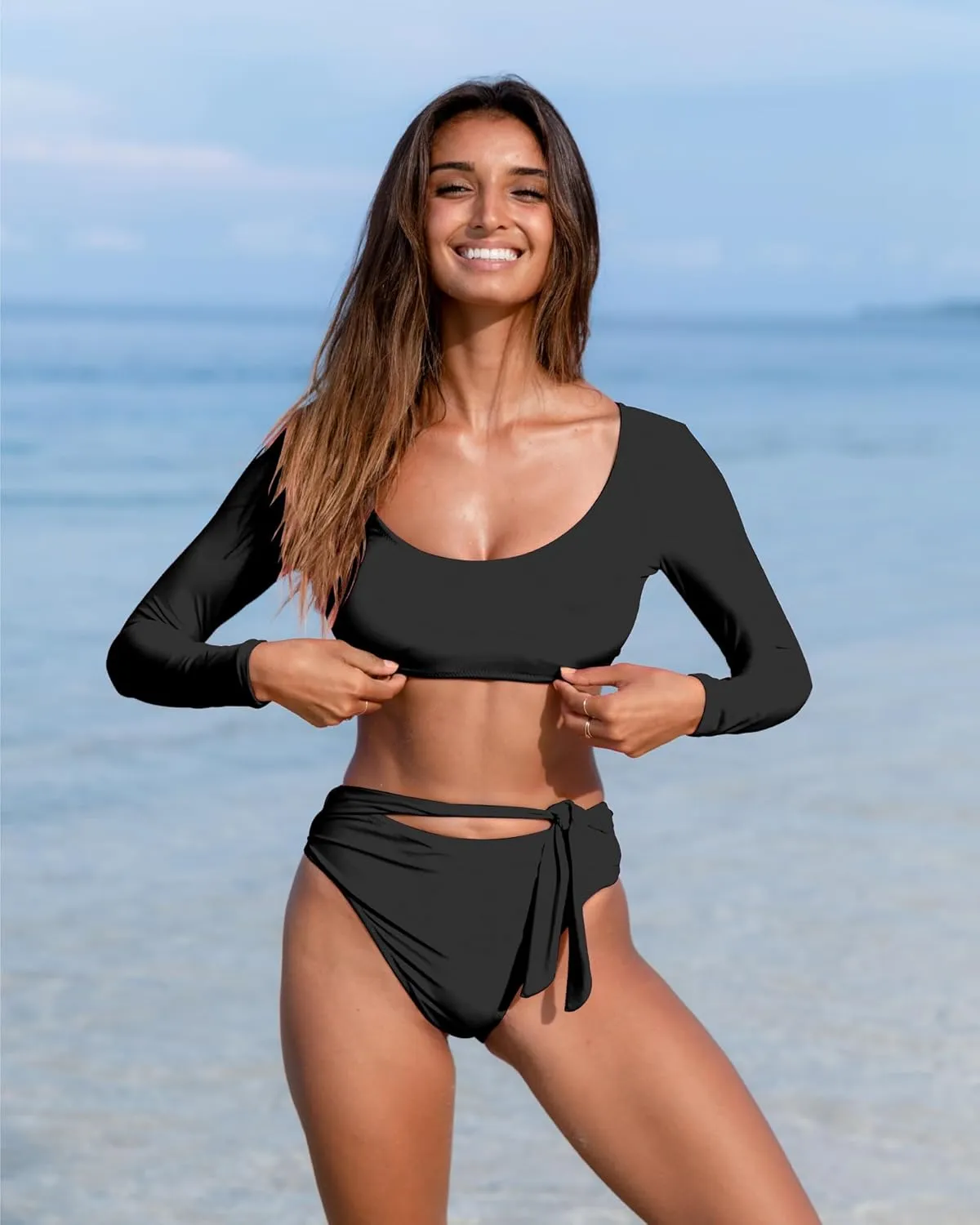 Womens Two Piece Swimsuits High Waisted Bikini Set Rash Guard Bathing Suit Long Sleeve Swimwear Crop Top Teen Girls
