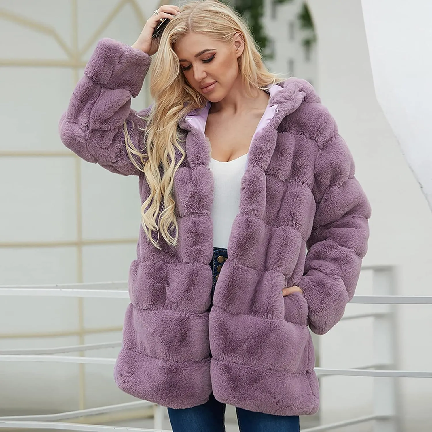 Womens Warm Faux Coat Ladies Trendy Winter Jacket Solid Turn Down Collar Outerwear Fuzzy Furry Hooded Overcoat, Large