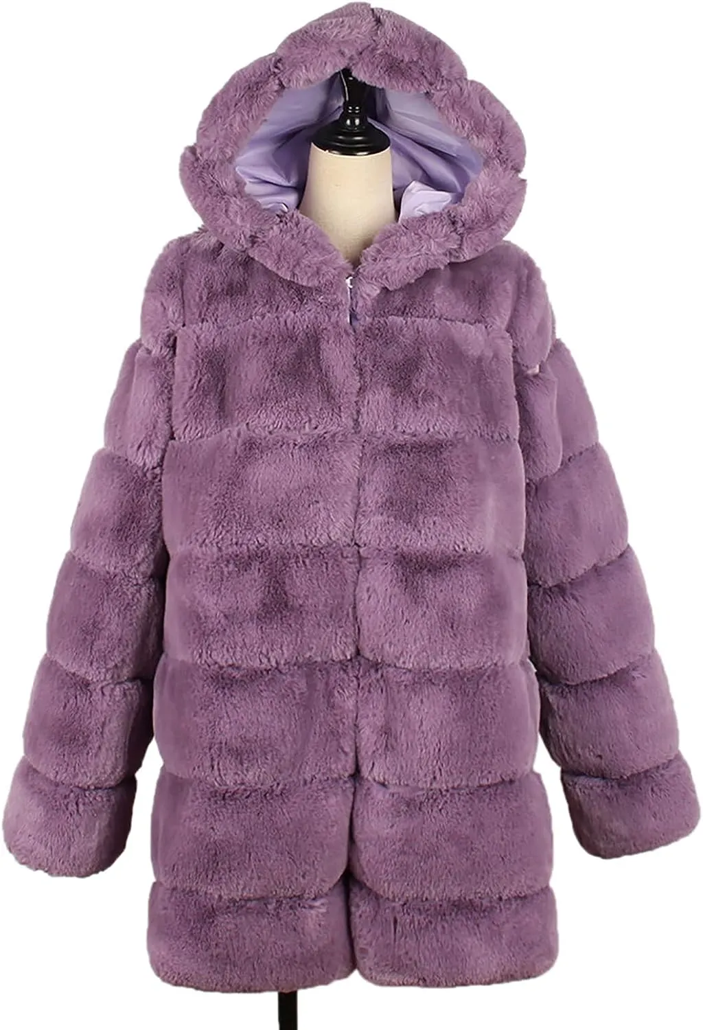 Womens Warm Faux Coat Ladies Trendy Winter Jacket Solid Turn Down Collar Outerwear Fuzzy Furry Hooded Overcoat, Large