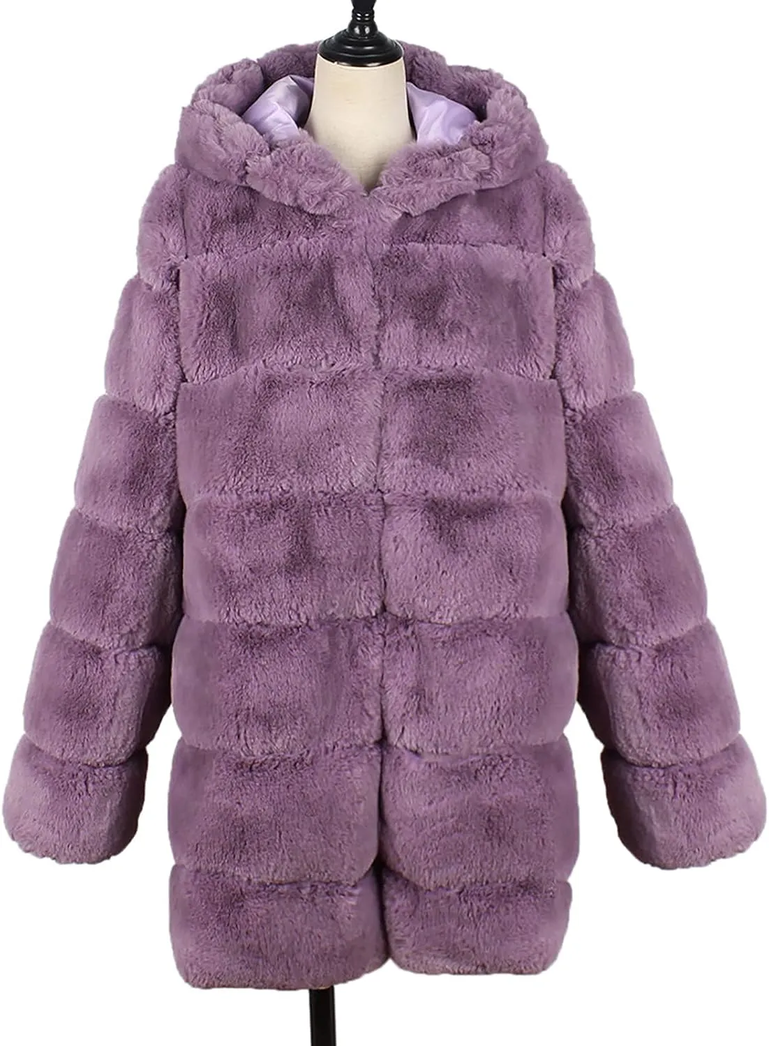 Womens Warm Faux Coat Ladies Trendy Winter Jacket Solid Turn Down Collar Outerwear Fuzzy Furry Hooded Overcoat, Large