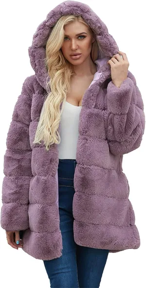 Womens Warm Faux Coat Ladies Trendy Winter Jacket Solid Turn Down Collar Outerwear Fuzzy Furry Hooded Overcoat, Large