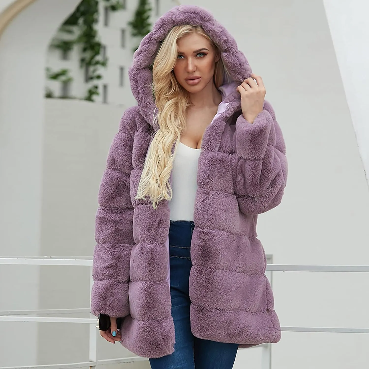 Womens Warm Faux Coat Ladies Trendy Winter Jacket Solid Turn Down Collar Outerwear Fuzzy Furry Hooded Overcoat, Large