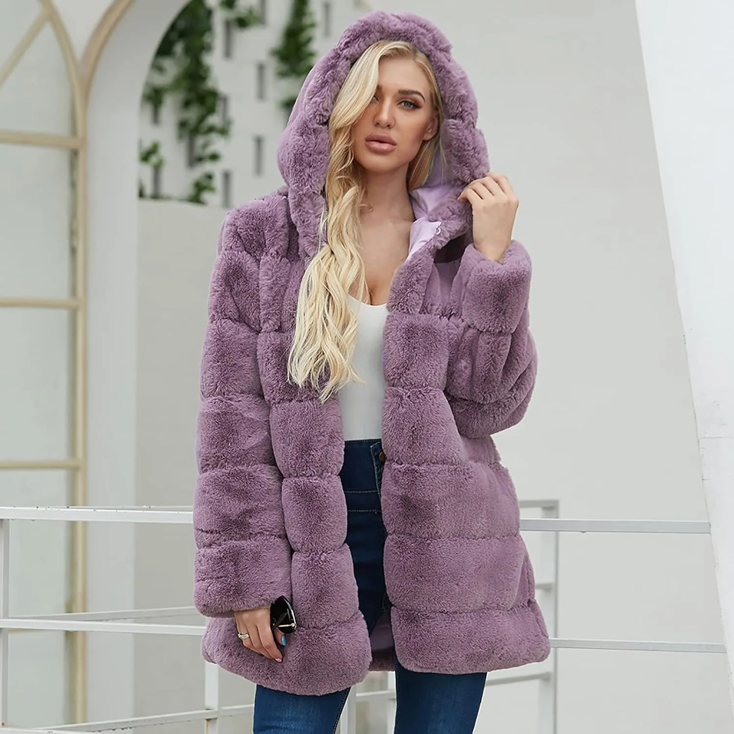 Womens Warm Faux Coat Ladies Trendy Winter Jacket Solid Turn Down Collar Outerwear Fuzzy Furry Hooded Overcoat, Large