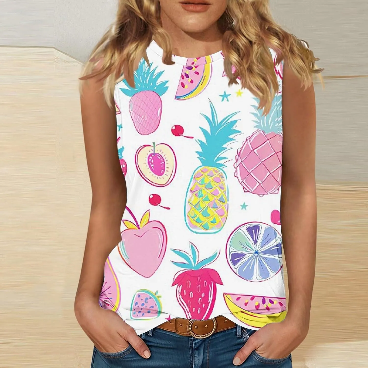 Women's Watermelon Print Tank Top Sleeveless Camisole Loose Fit Crew Neck Tee Shirts Summer Sexy Basic Summer Blouse