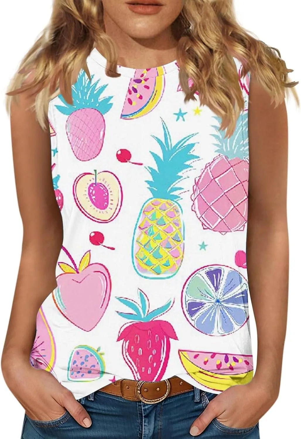 Women's Watermelon Print Tank Top Sleeveless Camisole Loose Fit Crew Neck Tee Shirts Summer Sexy Basic Summer Blouse