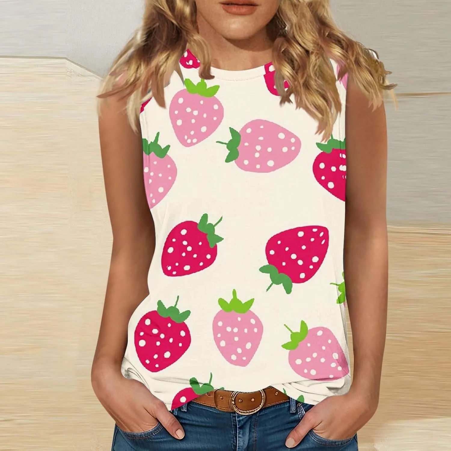 Women's Watermelon Print Tank Top Sleeveless Camisole Loose Fit Crew Neck Tee Shirts Summer Sexy Basic Summer Blouse