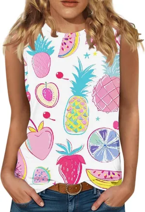 Women's Watermelon Print Tank Top Sleeveless Camisole Loose Fit Crew Neck Tee Shirts Summer Sexy Basic Summer Blouse