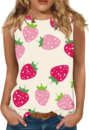 Women's Watermelon Print Tank Top Sleeveless Camisole Loose Fit Crew Neck Tee Shirts Summer Sexy Basic Summer Blouse
