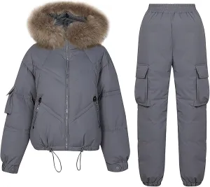 Women's Winter Outfits Thickened Warm Puffer Jackets Cotton Cargo Pants Two Piece Sets Outdoor Snow Hooded Down Coats