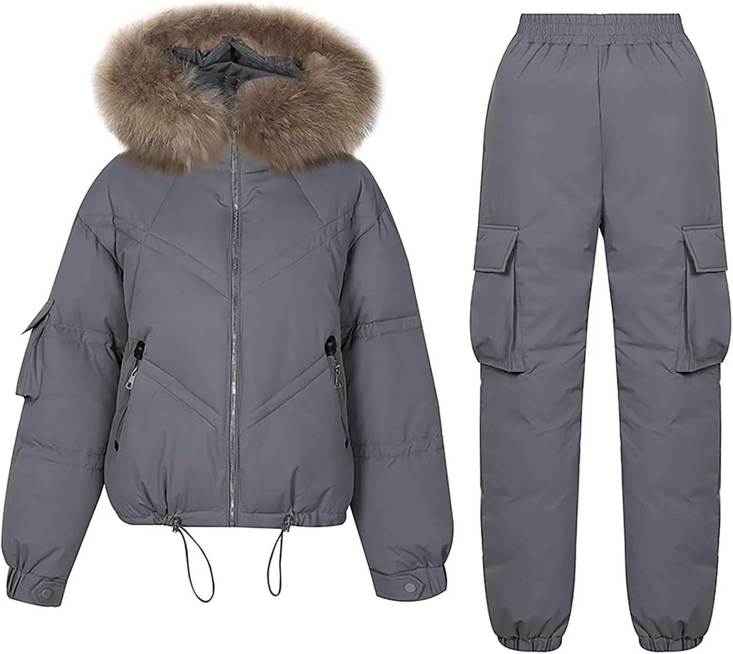 Women's Winter Outfits Thickened Warm Puffer Jackets Cotton Cargo Pants Two Piece Sets Outdoor Snow Hooded Down Coats
