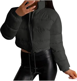 Womens Winter Short Coats Turtleneck Puffer Jackets Sexy Crop Casual Solid Color Padded Wadded Down Coat Top