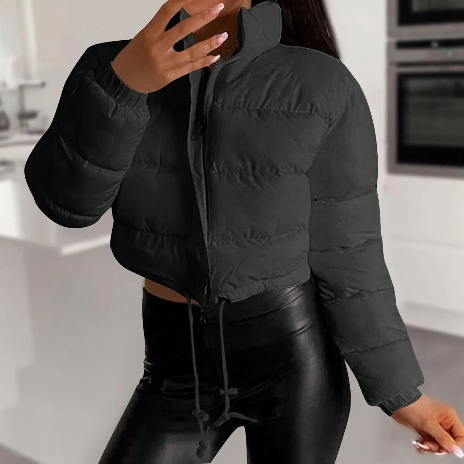 Womens Winter Short Coats Turtleneck Puffer Jackets Sexy Crop Casual Solid Color Padded Wadded Down Coat Top