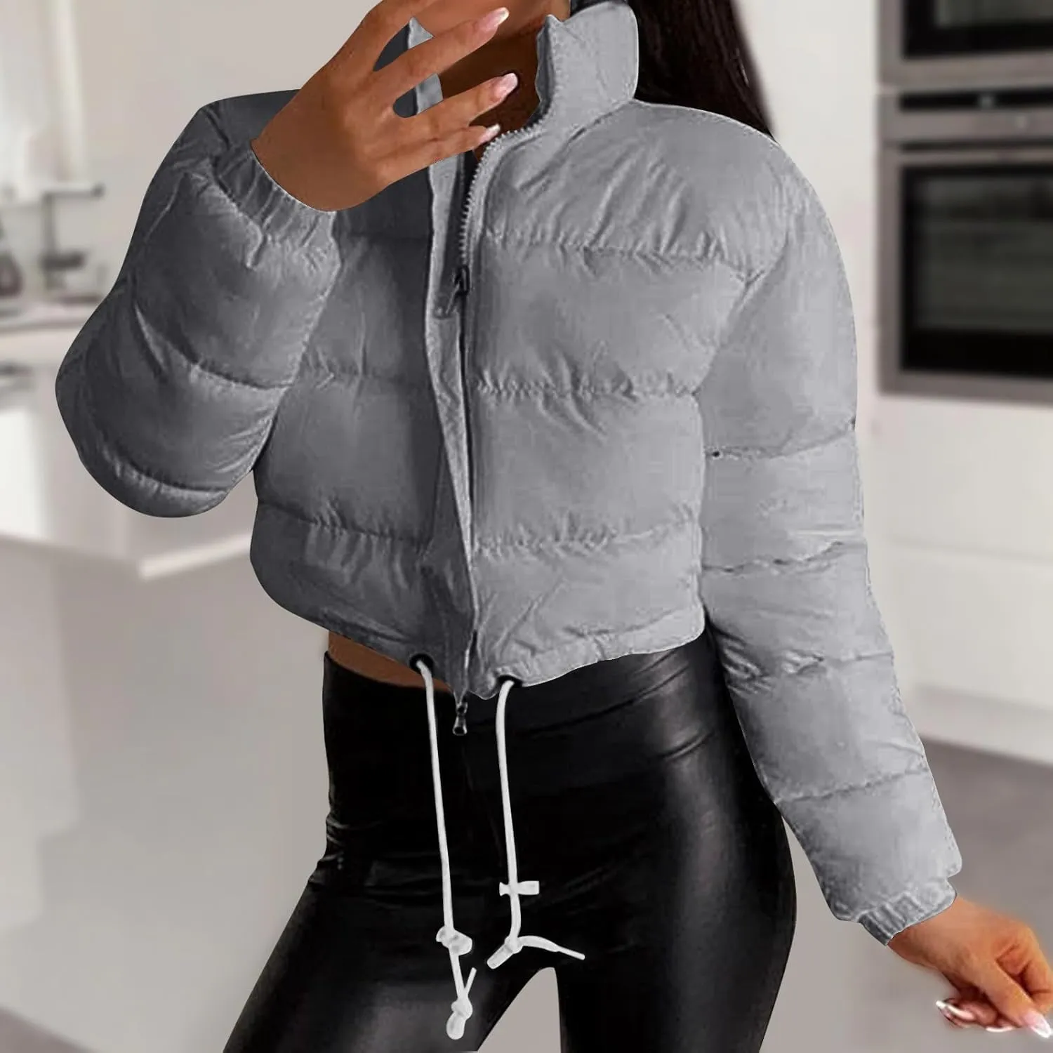 Womens Winter Short Coats Turtleneck Puffer Jackets Sexy Crop Casual Solid Color Padded Wadded Down Coat Top