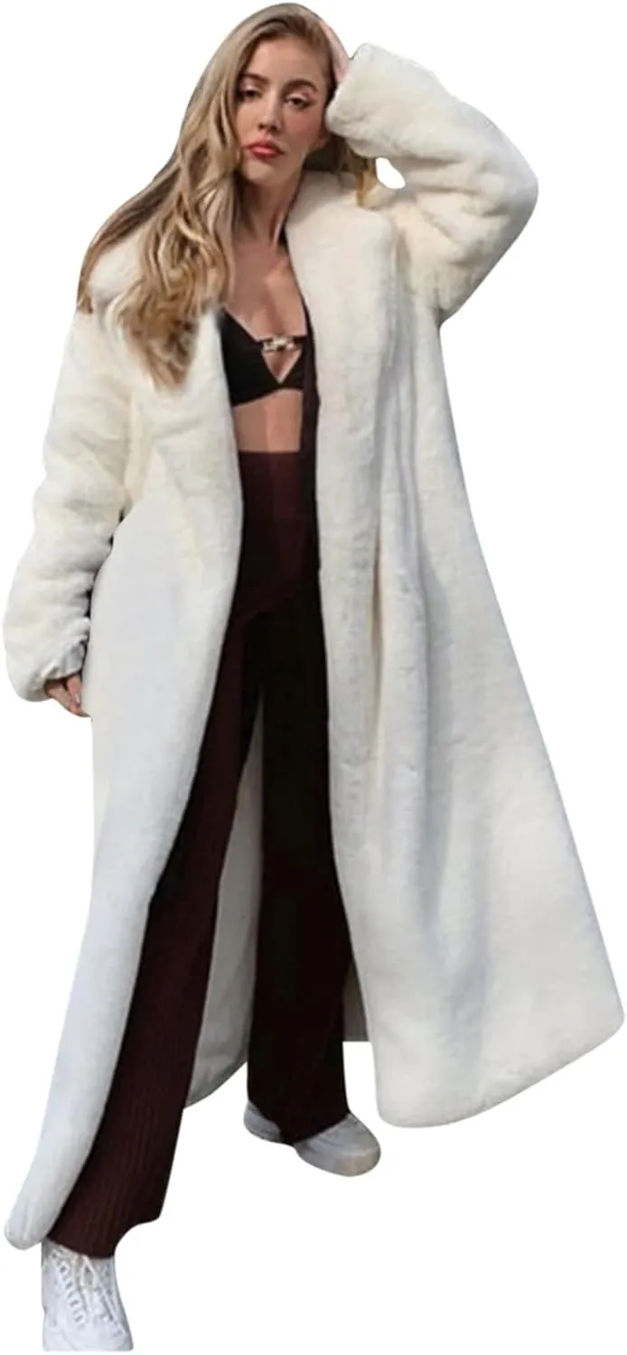 Womens Winter Trendy Overcoat Warm Thicken Cardigan Coats Long Oversized Faux Fur Coat Solid Plain Wrap Bathrobe
