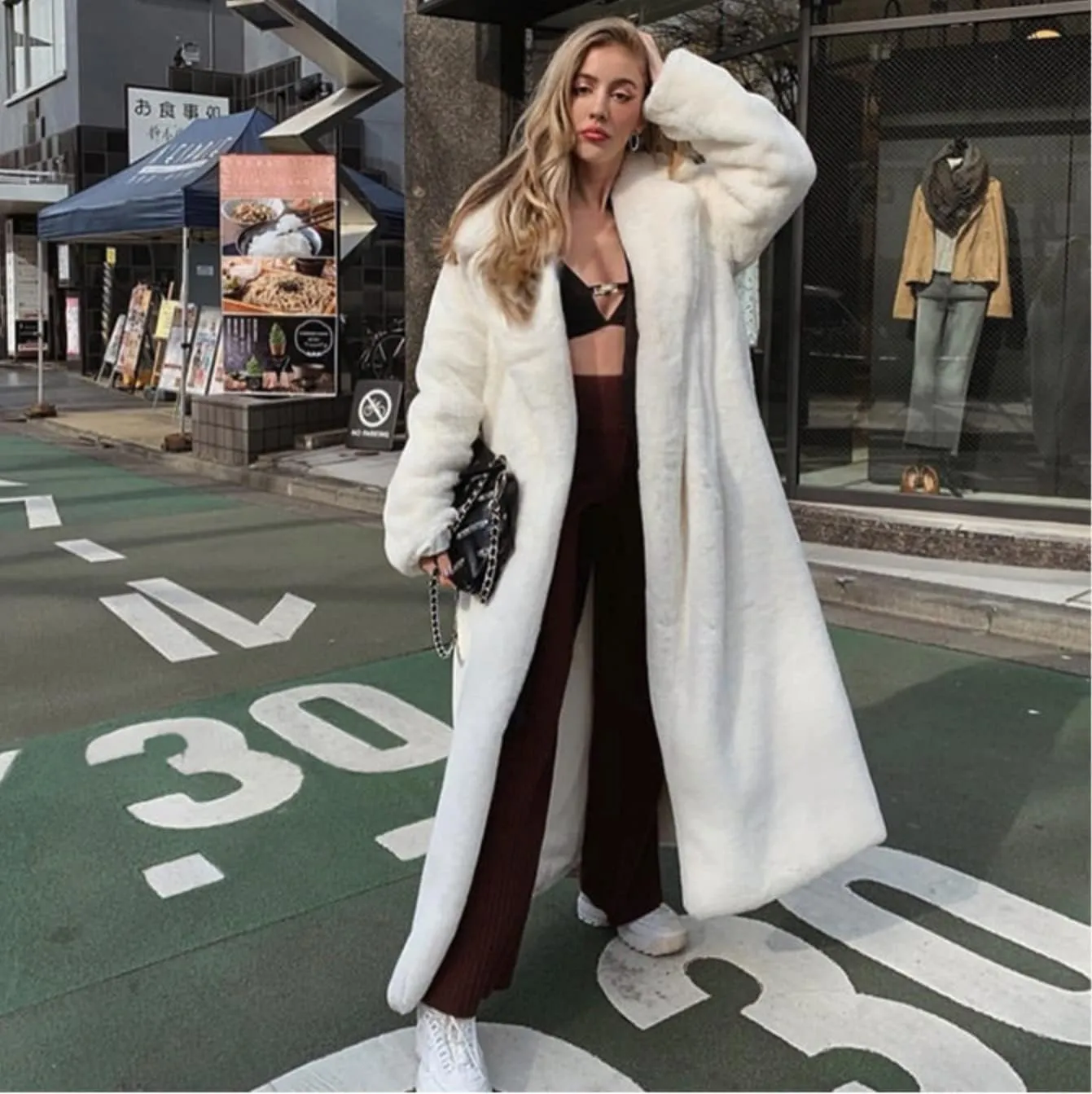 Womens Winter Trendy Overcoat Warm Thicken Cardigan Coats Long Oversized Faux Fur Coat Solid Plain Wrap Bathrobe
