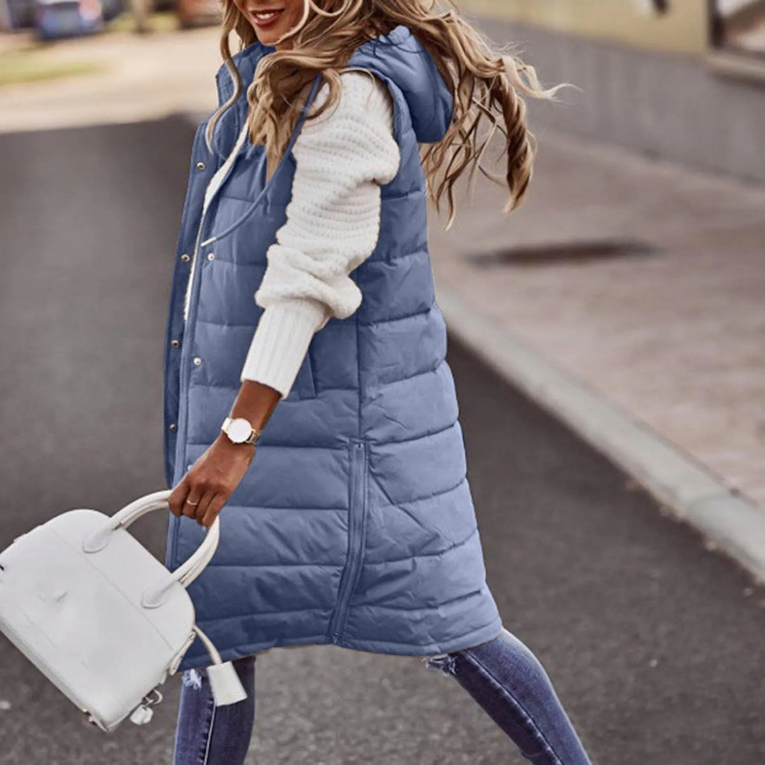 Women's Winter Warm Long Puffer Vest Padded Sleeveless Hooded Jackets Puffy Coats Outerwear Vests with Pockets