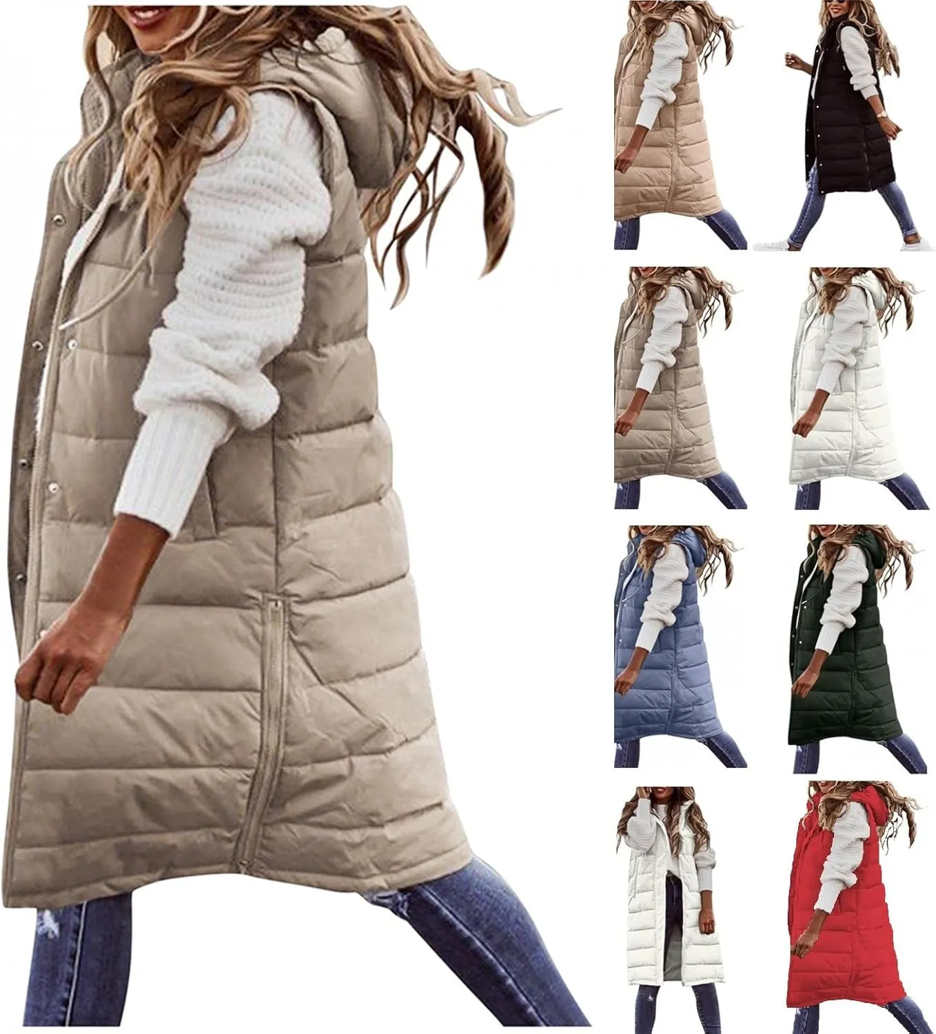 Women's Winter Warm Long Puffer Vest Padded Sleeveless Hooded Jackets Puffy Coats Outerwear Vests with Pockets