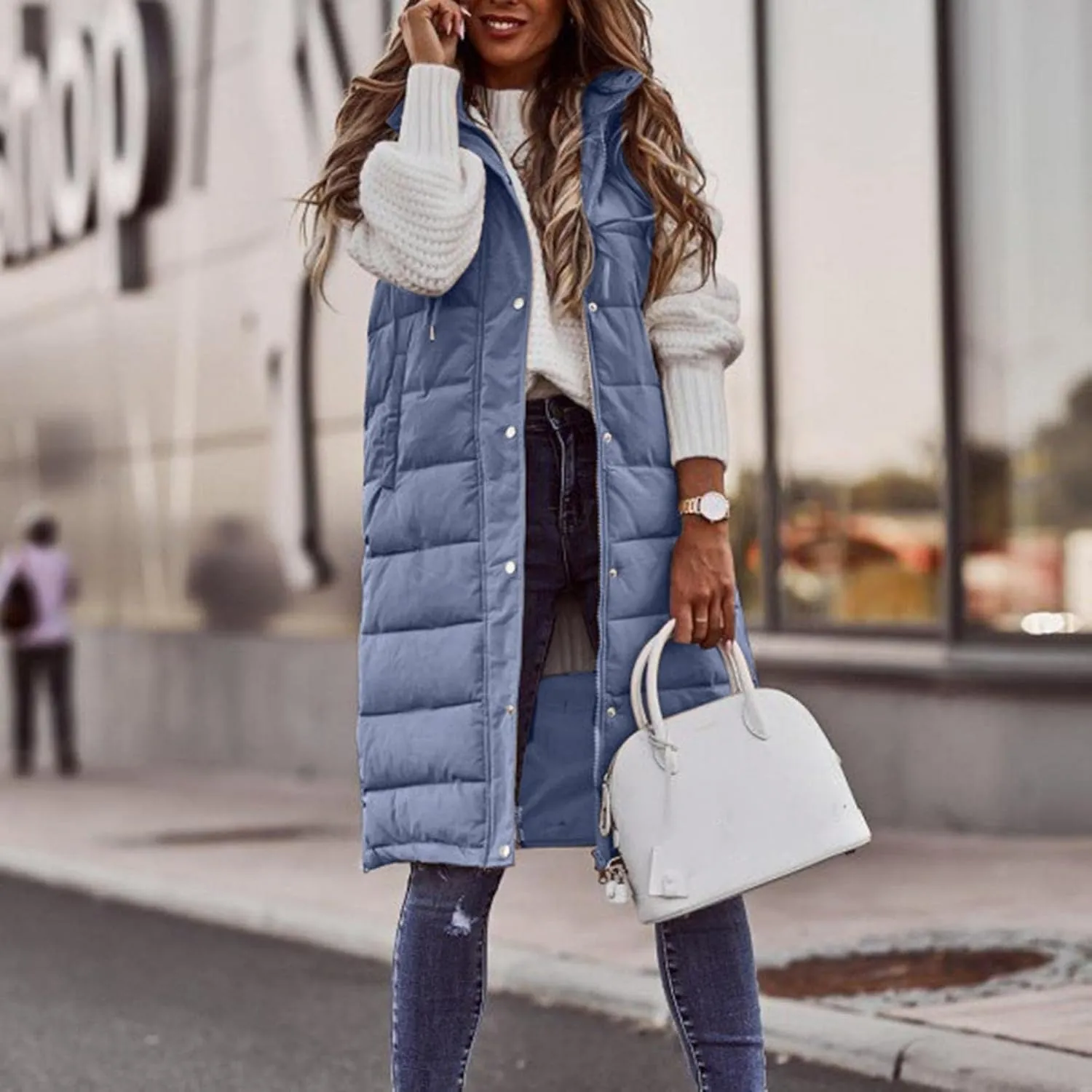 Women's Winter Warm Long Puffer Vest Padded Sleeveless Hooded Jackets Puffy Coats Outerwear Vests with Pockets