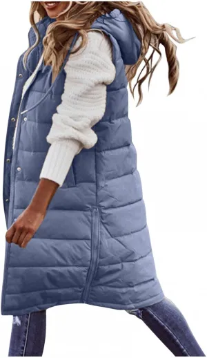 Women's Winter Warm Long Puffer Vest Padded Sleeveless Hooded Jackets Puffy Coats Outerwear Vests with Pockets
