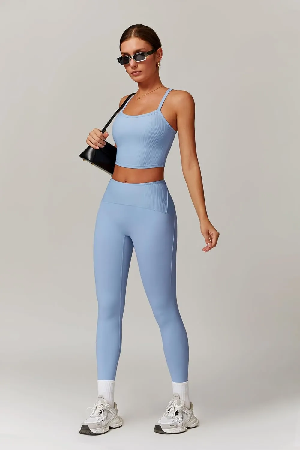 Womens Workout Sets 2 Piece Cross Back Tank Top Matching High Waist Leggings Sets Gym Outfits Work Out Clothes